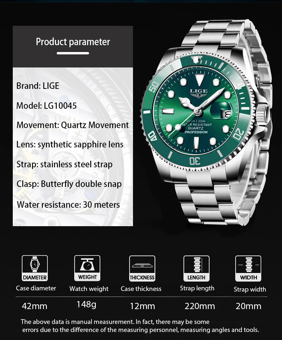 Reloj LIGE Top Brand Luxury Fashion Diver Watch Men Waterproof Date Clock Sport Watches Mens Quartz Wristwatch Relogio Masculino