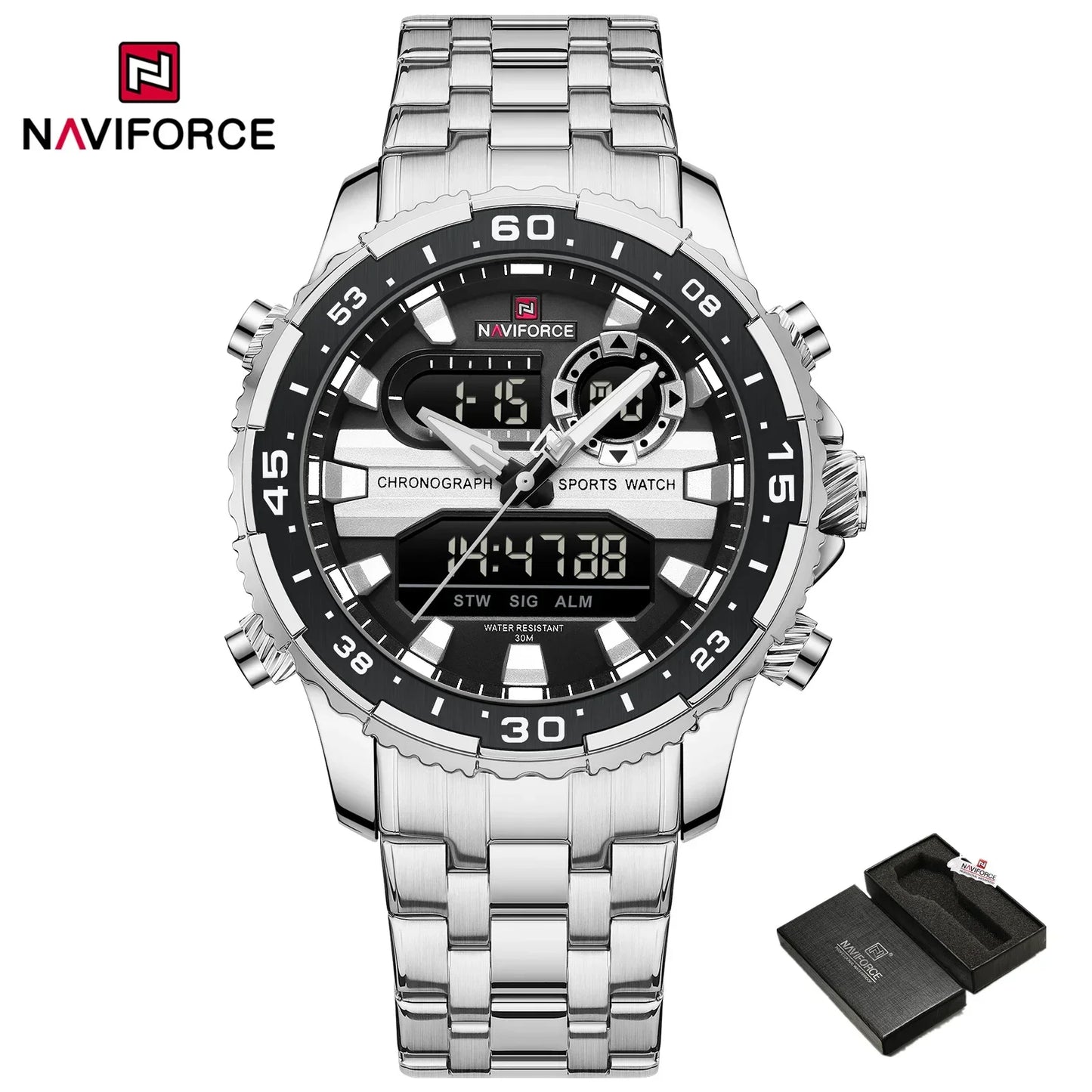 ساعة NAVIFORCE NF9234 الأصلية التناظرية الرقمية الرياضية كوارتز للرجال، ساعة منبه من الفولاذ المقاوم للصدأ مضيئة ومضادة للماء