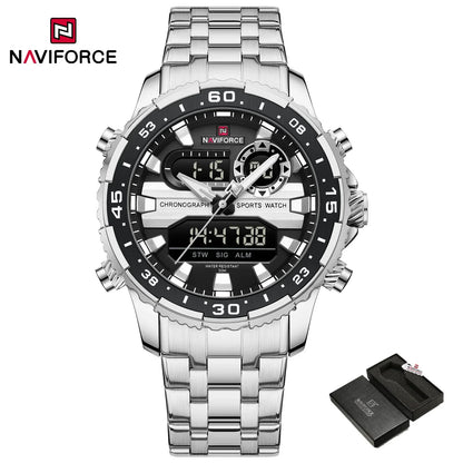 ساعة NAVIFORCE NF9234 الأصلية التناظرية الرقمية الرياضية كوارتز للرجال، ساعة منبه من الفولاذ المقاوم للصدأ مضيئة ومضادة للماء