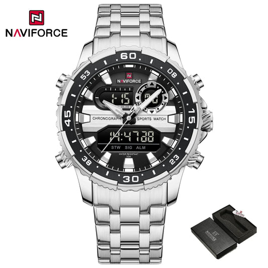 ساعة NAVIFORCE NF9234 الأصلية التناظرية الرقمية الرياضية كوارتز للرجال، ساعة منبه من الفولاذ المقاوم للصدأ مضيئة ومضادة للماء