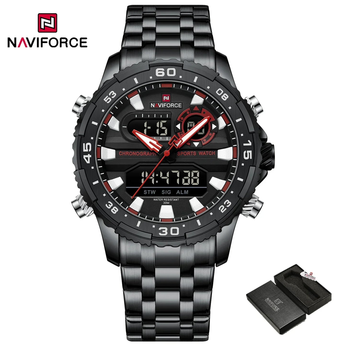 ساعة NAVIFORCE NF9234 الأصلية التناظرية الرقمية الرياضية كوارتز للرجال، ساعة منبه من الفولاذ المقاوم للصدأ مضيئة ومضادة للماء