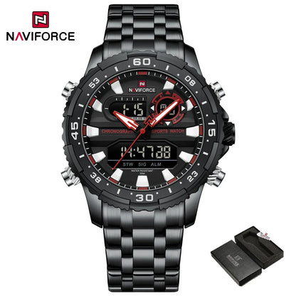 ساعة NAVIFORCE NF9234 الأصلية التناظرية الرقمية الرياضية كوارتز للرجال، ساعة منبه من الفولاذ المقاوم للصدأ مضيئة ومضادة للماء