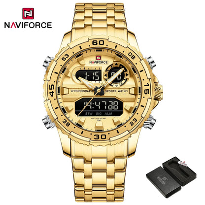 ساعة NAVIFORCE NF9234 الأصلية التناظرية الرقمية الرياضية كوارتز للرجال، ساعة منبه من الفولاذ المقاوم للصدأ مضيئة ومضادة للماء