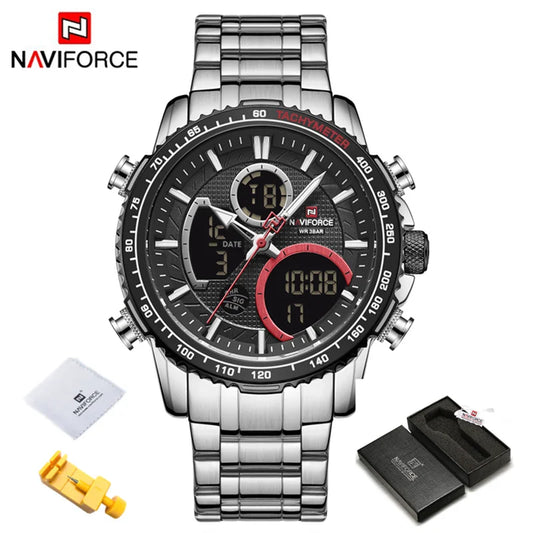 ساعة NAVIFORCE NF9182 للرجال، ساعة رياضية فاخرة، كرونوغراف، مقاومة للماء، سوار فولاذي
