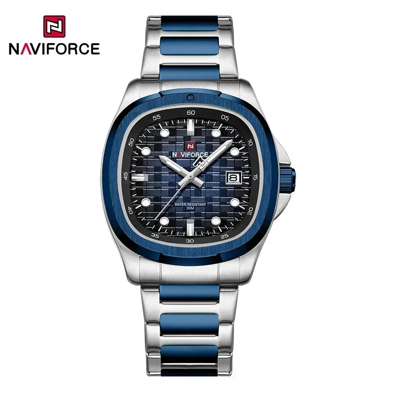 NAVIFORCE 9240 ساعة كوارتز فاخرة بسيطة للرجال بمينا مربع، تقويم، عقارب مضيئة، مقاومة للماء، وسوار من الفولاذ المقاوم للصدأ